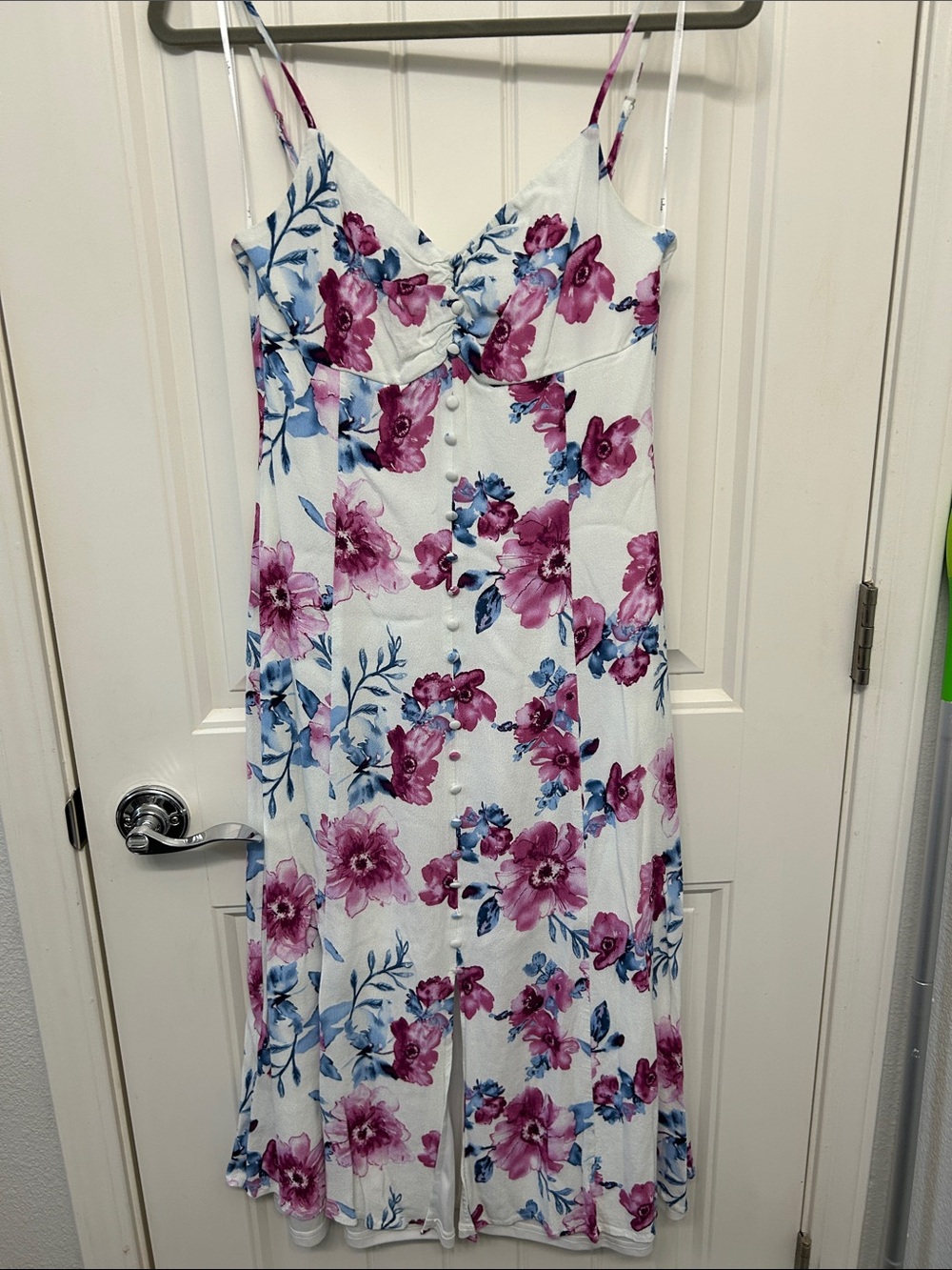 Lulu's White Floral Midi Dress with Pink & Blue Flowers